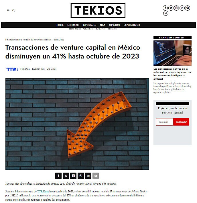 Transacciones de venture capital en Mxico disminuyen un 41% hasta octubre de 2023